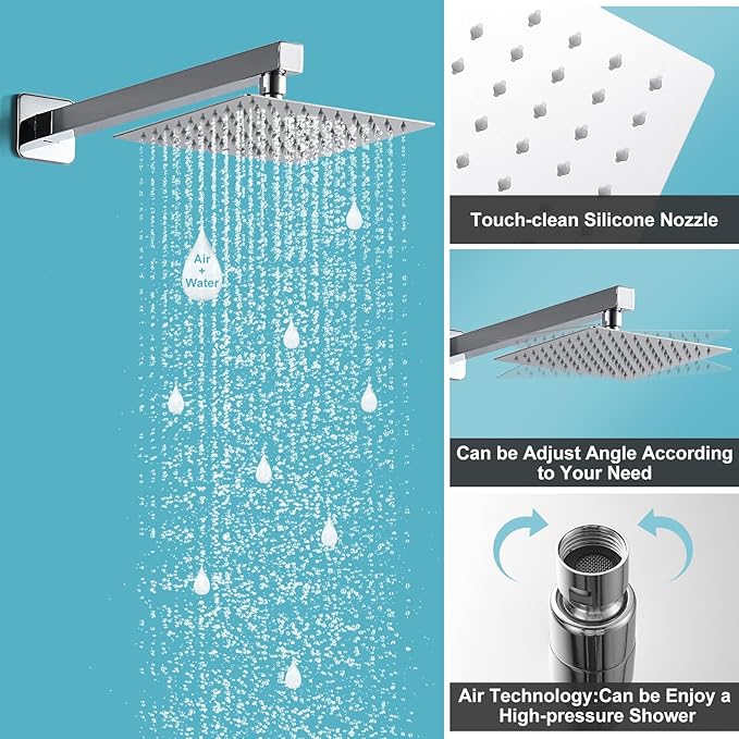 RTTWYYUU Chrome Shower System 10 Inch, Rain Shower Head with Handheld Spray, Luxury Rain Shower Set Square Wall Mount for Bathroom with Rain Shower and Handheld Shower System