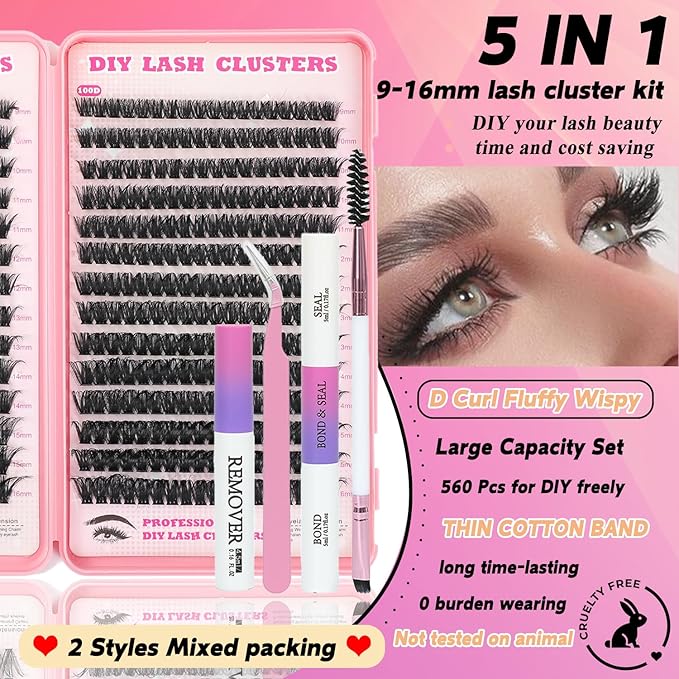 Lash Clusters Kit, 560 Pcs Eyelashes Clusters Kit 9-16mm Individual Lash Extension Kit D Curl Fluffy Wispy False Eyelashes (80D+100D, Lash Clusters Kit)