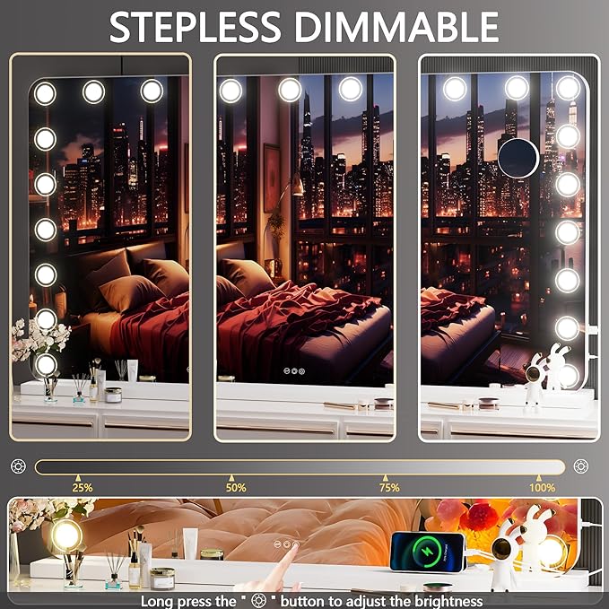 Hasipu Vanity Mirror with Lights, 40" x 32" Makeup Mirror, Light up Mirror with 19 Dimmable LED Lights and 10X Magnification, 3 Colors Modes, Touch Control, USB Charging Port, White (Round)