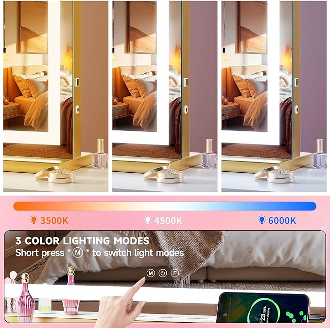 Vanity Mirror with Lights, 32" x 22" LED Makeup Mirror with 10X Magnification, Dimmable 3 Modes, Memory Function, Smart Touch, USB Charging Port, Lighted Makeup Mirror Square Glod
