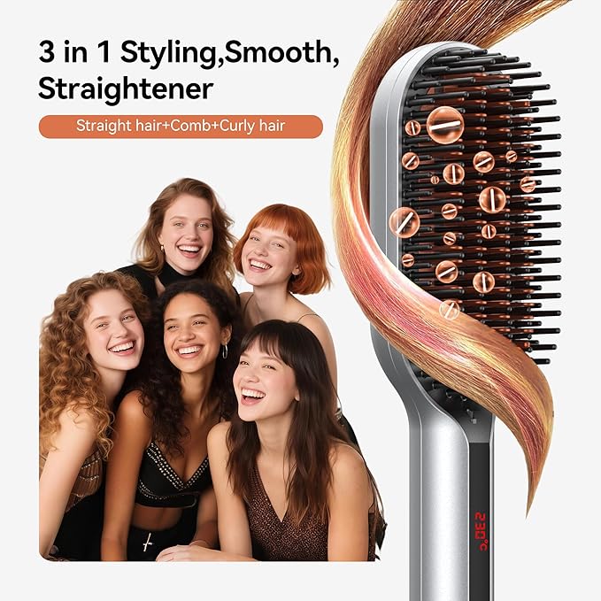 Upgraded Ionic Hair Straightener Brush for Women, Compact Wave-Design Bristles Hot Comb, Fast & Smooth Styling, Lightweight Double Voltage 120-240V Flat Iron Brush for Travel, Orange-Silver