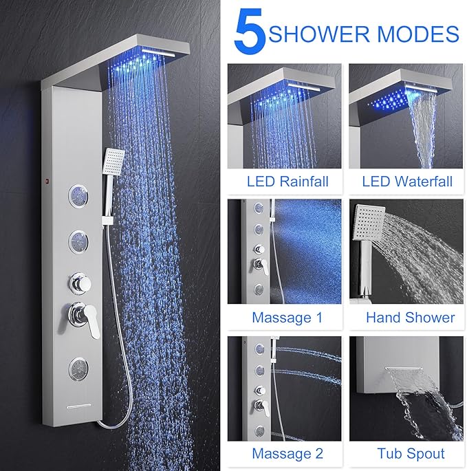 TSIBOMU 5 in 1 Shower Panel Tower System with LED Lights, Rainfall and Waterfall Shower Head, 3 Pcs Adjustable Body Jets, Handheld Shower, Tub Spout (Brushed Nickel)