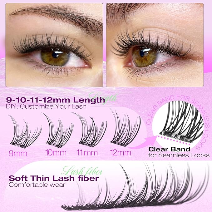 Yawamica Self Adhesive Eyelashes Natural Lash Clusters 9-12mm Pre-Glued Wispy Eyelash Clusters No Glue Press On Eyelash Extensions CC Curl Clear Band DIY Individual Lashes for Beginners