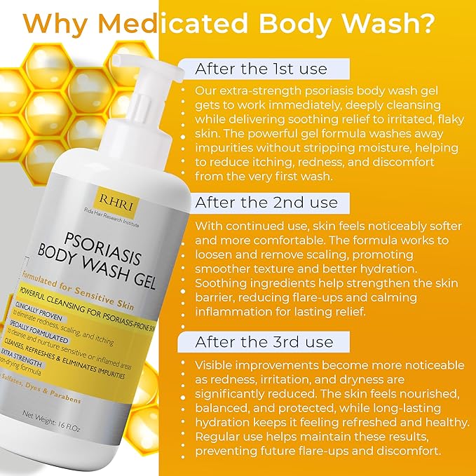 Body Wash | Psoriasis Treatment For Skin | Psoriasis Body Gel | Foaming Cleanser For Dry, Itchy, Red, Flaky, Scaly Skin w/Scrubber