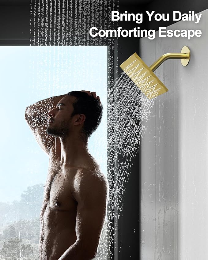 GRANDJOY Thermostatic Shower System, Dual Rainfall Shower Heads for Ceilling & Wall Mounted with Handheld Sprayer, Brushed Gold