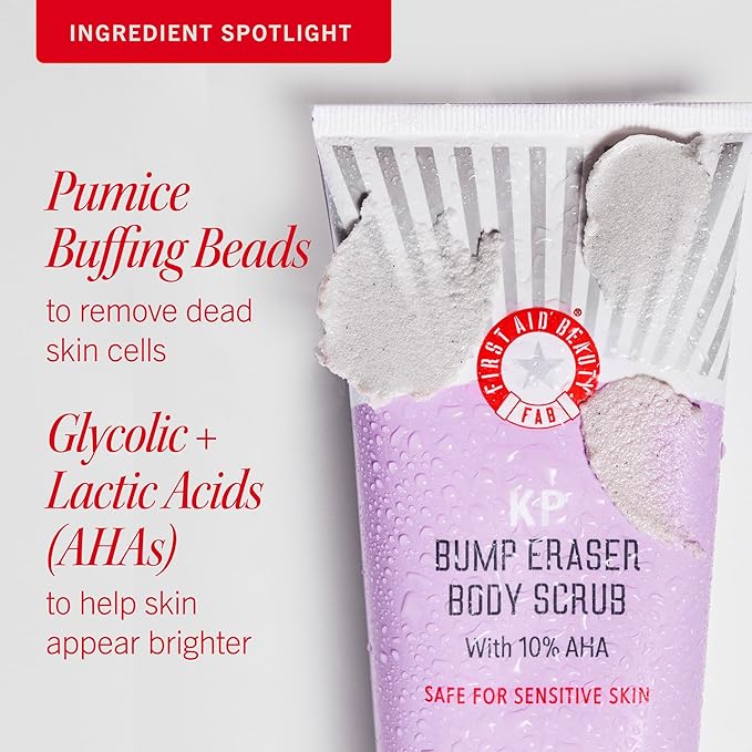 First Aid Beauty - KP Bump Eraser Body Scrub with 10% AHA, Keratosis Pilaris Skin Exfoliater with Glycolic and Lactic acids, Helps Reduce Chicken Skin Bumps, Safe for Sensitive Skin, 8 oz + Bonus, 2ct