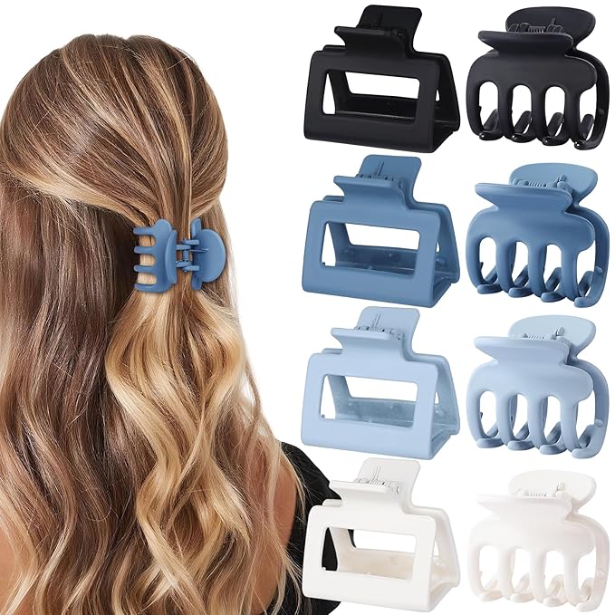 Medium Hair Clips Combination 2 Styles Small Claw Clips for Thin Hair 8 Pcs Matte Non-slip Rectangle Jaw Clips Square Hair Accessories for Women and Girls (Blue)