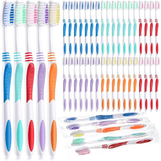 100 Pieces Individually Wrapped Toothbrushes Manual Disposable Travel Toothbrush Medium Soft Bristle Tooth Brush Travel Toothbrushes for Hotel, Guest, Adults, Kids, Multi Color
