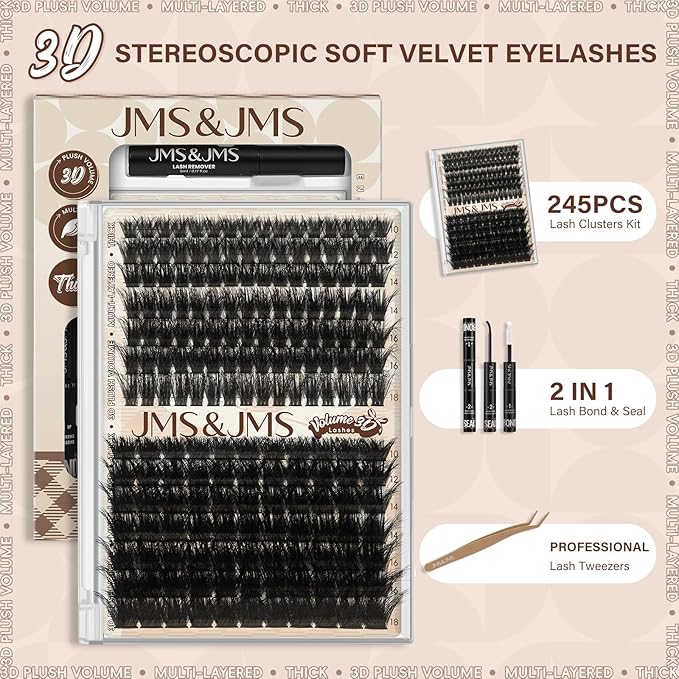 JMS&JMS Lash Clusters Kit 100D+200D Thick Cluster Lashes 3D Effect Eyelash Clusters Kit 10-18mm Volume Eyelash Clusters D Curl 3D Wispy Lash Clusters DIY Lash Extension Kit