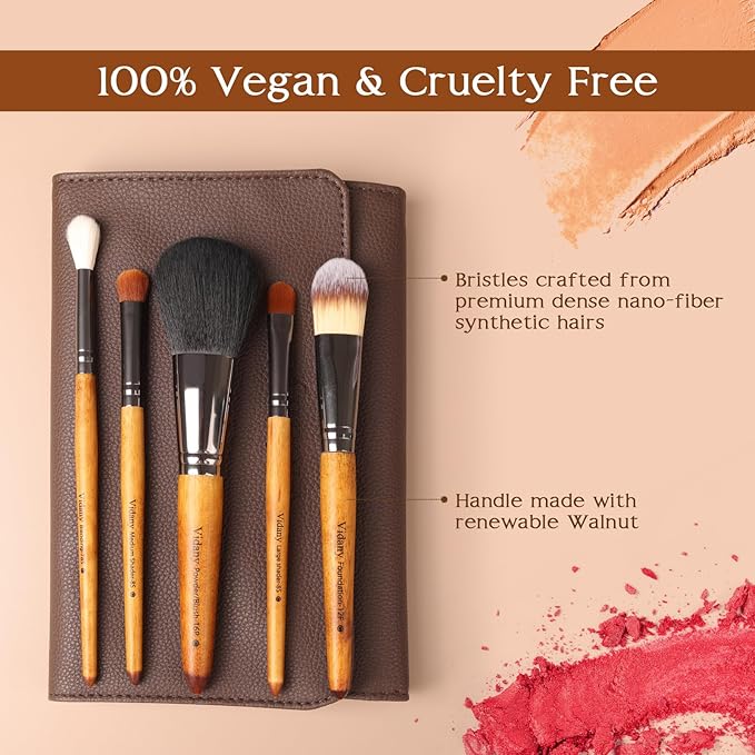 Vidany Makeup Brush Set,15pcs Walnut Wooden Makeup Brushes With Leather Button Bag, Professional Makeup Brushes For Foundation Concealer Kabuki Blush Eyeliner Shadow Brow, Makeup Brush Sets & Kits
