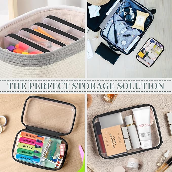 YOPCDJ 3 Pack Clear Hard Shell Zipper Case, Clear Zipper Pouches Waterproof Makeup Organizer & Travel Toiletry Bag, Plastic Pouch for Travel Office Storage, Black Medium Size