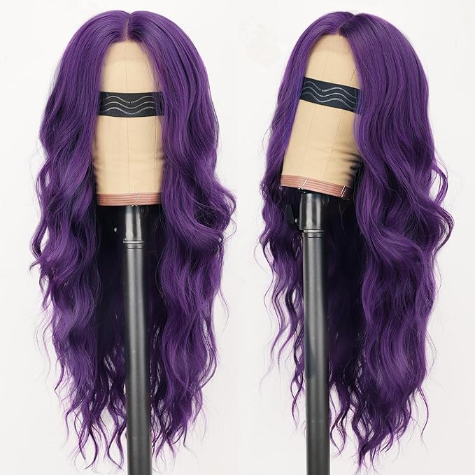 AISI HAIR Dark Purple Wig for Women, Long Wavy Lace Hairline Middle Part Synthetic Heat Resistant Wig for Daily Party-26 Inch