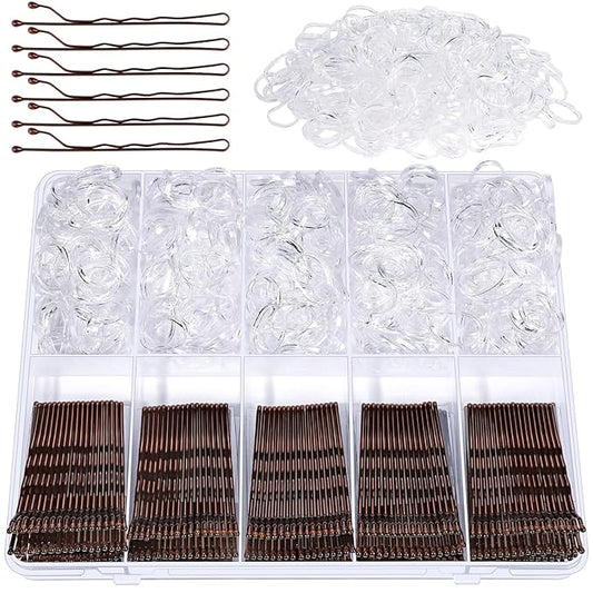 YGDZ 750 Count Bobby Pins Brown Kit, 250 PCS Mini Hair Pins for Styling, 2 Inch Bobby Pins for Women, Kids, Girls, 500 PCS Clear Elastic Hair Ties with Storage Box, Hair Accessories for Brown Hair