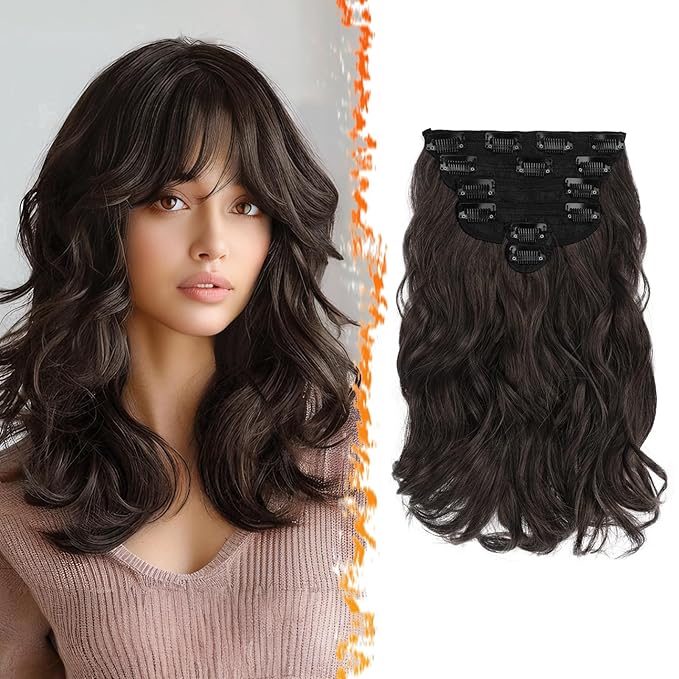 BARSDAR Wavy Clip in Hair Extensions - 12 Inch Dark Brown Clip in Hair Extensions for Women - 6PCs Full Head Thick Soft Synthetic Clip-ins Hairpieces Daily Party Halloween - Dark Brown