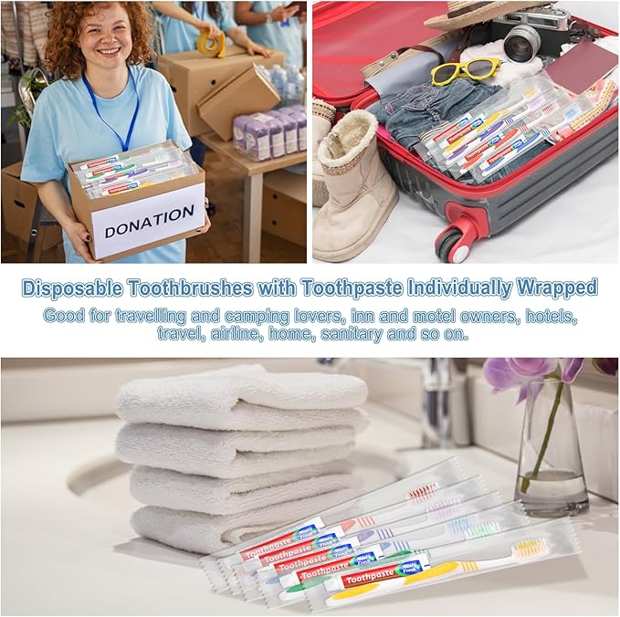 500 Pcs Disposable Toothbrushes with Toothpaste Individually Wrapped, 10g Travel Toothpaste Single Use Manual Toothbrush for Adults Guests Travel Hotel Homeless (5 Colors)