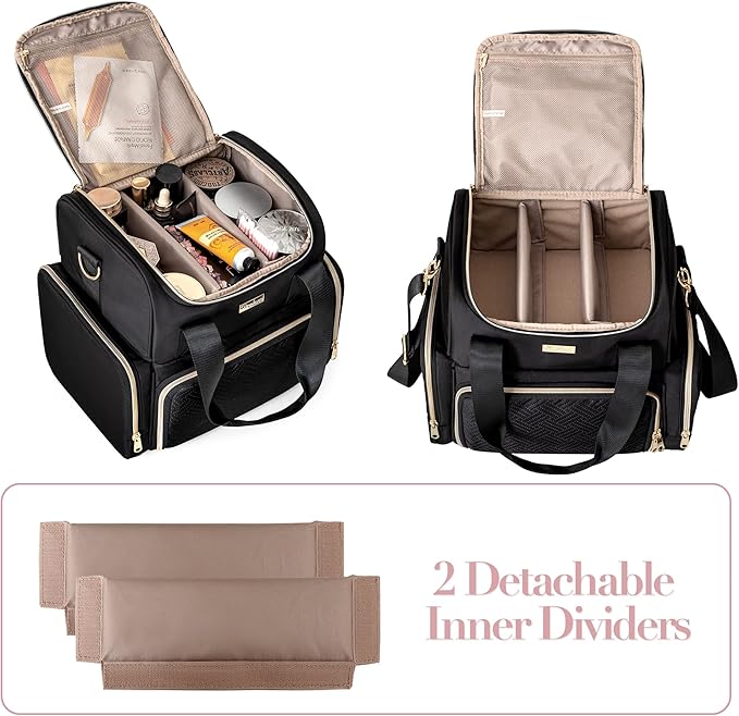 Prokva Large Cosmetic Bag with 3 Removable Case, Double Layer Travel Organizer with Inner Dividers and Makeup Brushes Storage Section, Black (Patented Design)