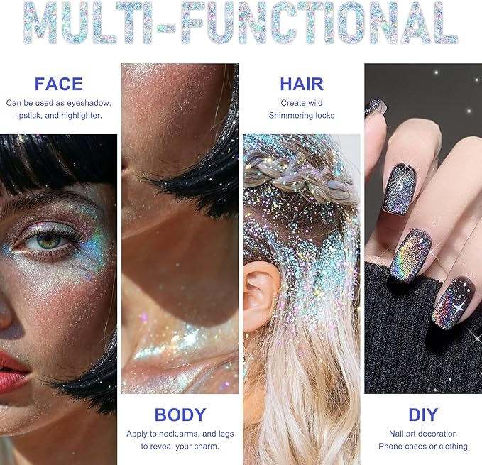 Roll-on Holographic Body Glitter Gel for Face and Hair, Chameleon Color Changing Glitter Gel Under Light, Chunky Mermaid Sequins Shimmer Makeup for Halloween Party Rave Accessories (Glint-Rainbow)