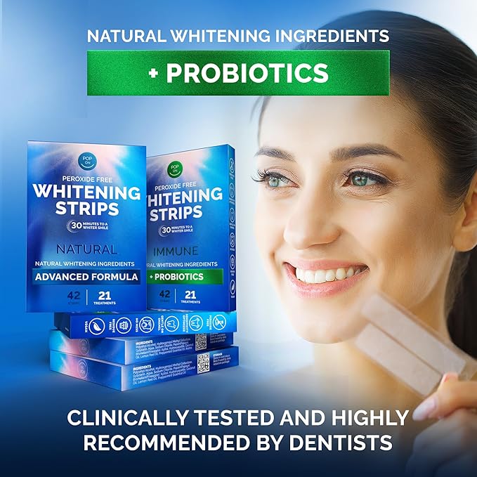 Teeth Whitening Strips by Pop On, 14 Strips, 7-Day Treatment, Non-Slip, Sensitive Teeth Whitening Strips, Made with Natural Ingredients, Coconut Oil, with Essential Probiotics, Hydrogen Peroxide Free