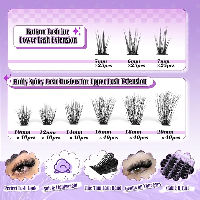 Yawamica Cluster Eyelash Extensions Fluffier Lash Clusters with Bottom Lashes 200D Volume Individual Lashes 315pcs Wispy Eyelash Clusters 10-20mm DIY Lash Extension at Home
