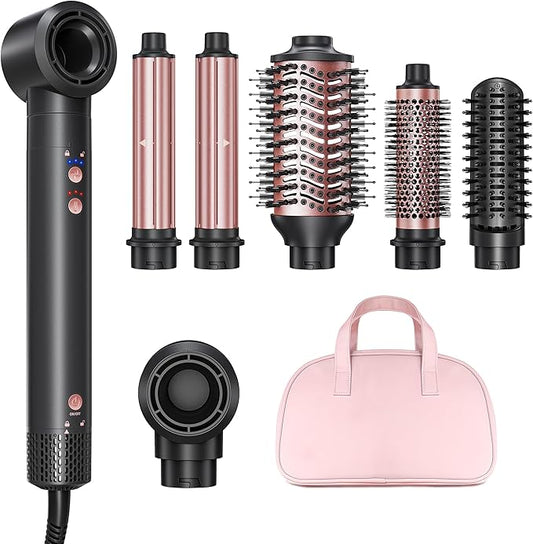 6-in-1 Hot Air Styler Wrap, High-Speed Hair Dryer Brush Blow Dryer with 2 Auto Wrap Curlers for Curling, Straightening, Volumizing, Fast Drying & Frizz-Free Styling for All Hair Types