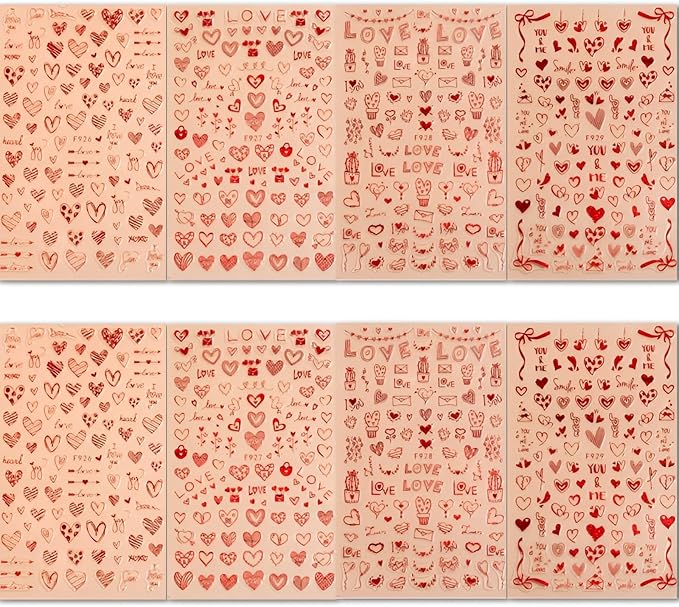 8 Sheets Red Heart Nail Art Stickers Valentine's Day Nail Decals 3D Self-Adhesive Pegatinas Uñas Red Heart Love Nail Supplies Nail Art Design Decoration Accessories for Women