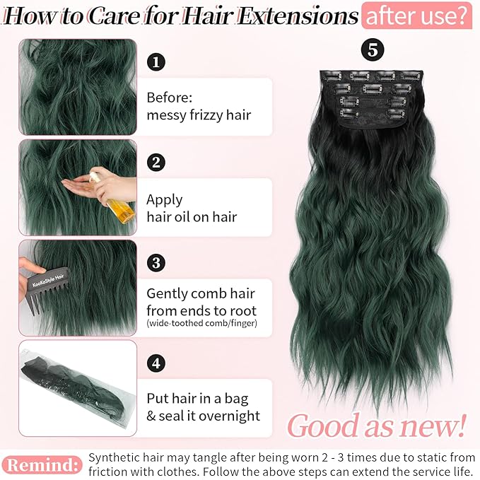 KooKaStyle Clip in Synthetic Hair Extensions Long Wavy 4PCS Thick Hairpieces Black to Green Ombre Fiber Double Weft Natural Hair Extensions 20 Inch for Women