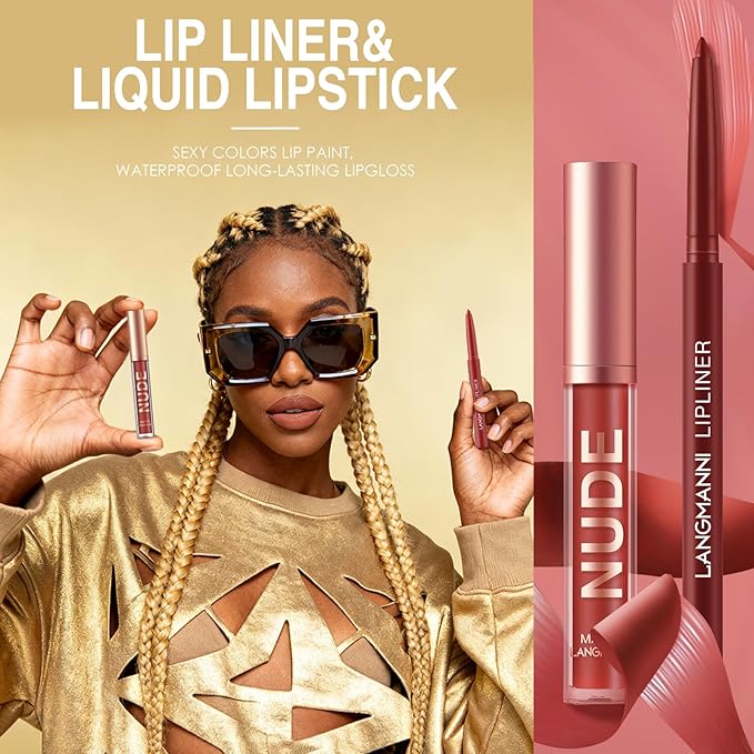 Jolilab 8Pcs Matte Lip Liner + Liquid Lipstick Set, One Step Velvety Nude Lip Stain Waterproof Long Wear High Pigment Lip Makeup Gift Set(#05+06+07+08)