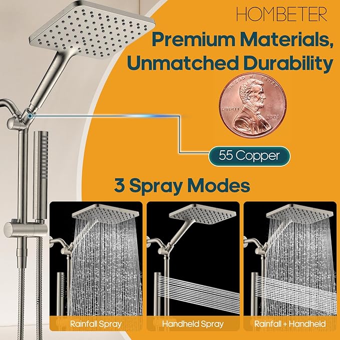 Hombeter Filtered Shower Head with Handheld Spray Combo High Pressure Rain Shower Head Dual Shower Head with Filters - Removes Chlorine Height Adjustable & Built-in Power Wash (Brushed Nickel)