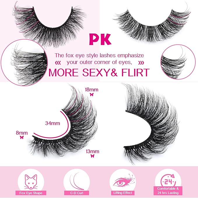 JIMIRE Faux Mink Lashes Fluffy Cat Eye Natural False Eyelashes Volume Wispy Fox Eye Crossed 17MM Thick Fake Lashes Look Like Eyelash Extensions Pestañas 7 Pairs Pack