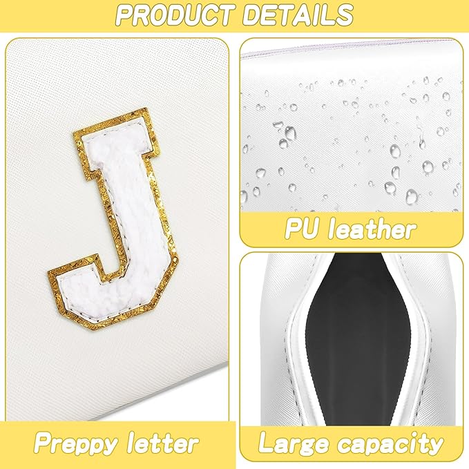 URSKYTOUS Gifts for Girls Initial Makeup Bag Personalized Cosmetic Bag with Zipper Cute Travel Toiletry Bags Waterproof PU Preppy Makeup Pouch Birthday Gift for Teen Girls Women(White J)