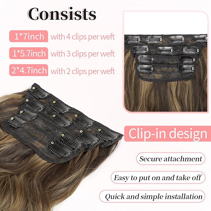 KooKaStyle Clip in Synthetic Hair Extensions Long Wavy 4PCS Thick Hairpieces Balayage Chocolate Brown to Caramel Blonde 10H26 Fiber Double Weft Natural Hair Extensions 16 Inch for Women