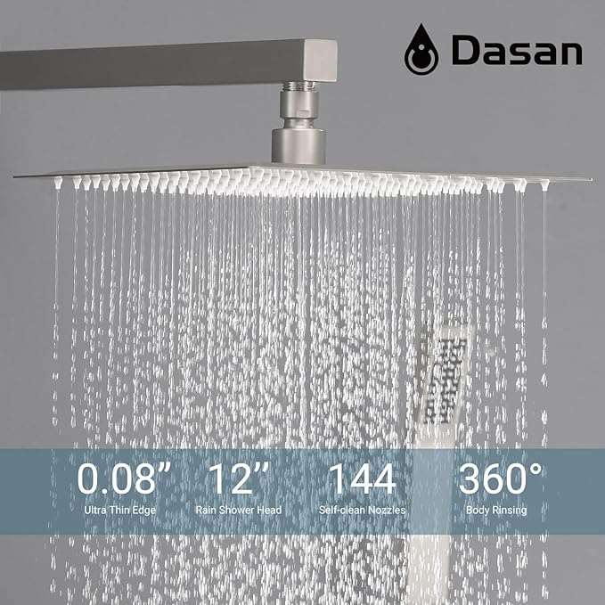 DASAN Full Body Shower System with 6 PCS Body Spray Jets & 12'' Rain Overhead Shower & Handheld, In-Wall Rain Shower System Brushed Nickel Shower Faucets Sets Complete with Valve, SA-SS03ABN-S12W