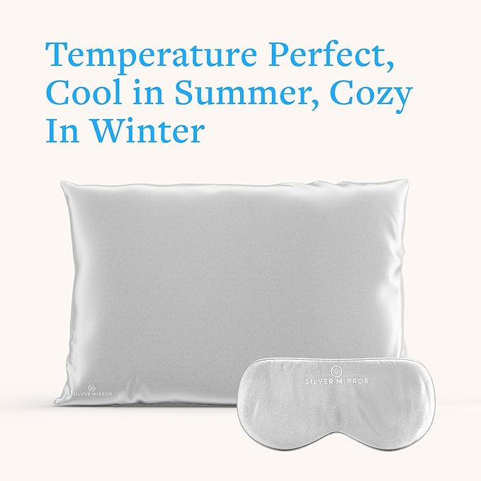 Silver Mirror Silk Sleep Essentials Set in Silver: Pillowcase and Eye Mask, 25" x 19.5" Fits Standard Queen Pillow, 22mm 6A Grade, for Gentle Sleep, Anti-Breakage, Tangles, Creases, and Wrinkles