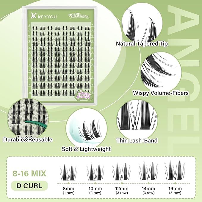 KEYYOU LASH clusters 120Pcs D Curl Angel Eyelash Extension Thick Wispy Natural Band Lash with Waterproof DIY Lash Extension at Home（Angel A09-D-8-16MIX）
