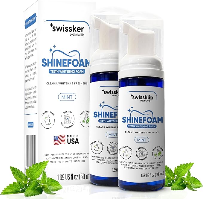 Swissker by Swissklip ShineFoam | Teeth Whitening Foam | Mint Flavor Whitening Toothpaste | Teeth Whitener I Professional Teeth Whitening Kit | 100% Vegan - Made in USA - 1.69 oz - Pack 2