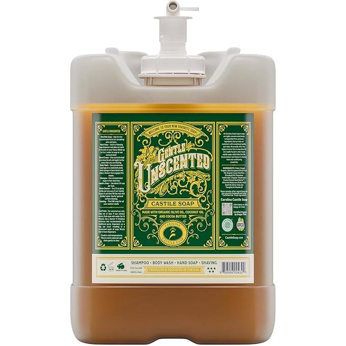 Carolina Unscented Bulk Castile Soap Liquid – Organic Body Wash With High Olive Oil Content – Bulk Size Castile Liquid Soap EWG Verified 5 Gallon