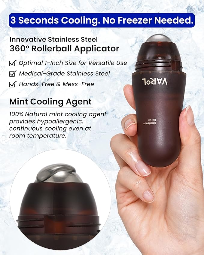 VAROL Ice Roll Serum for Face, Puffy Eyes, Under Eye Bags - Bakuchiol & Collagen for Wrinkles, Anti Aging, Ice Roller for Puffiness, Redness, Dark Circles - Korean Skin Care & Gua Sha, 1.69 Fl Oz