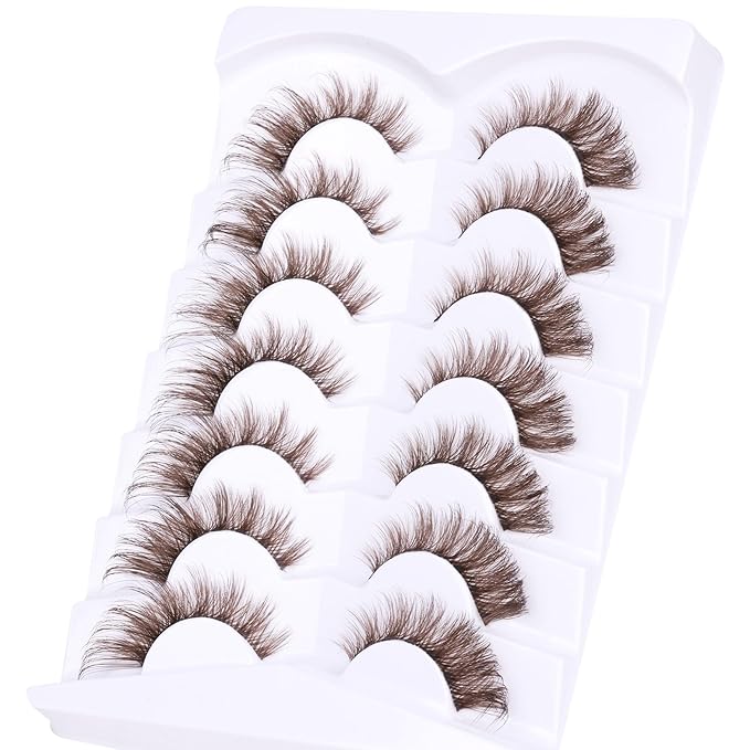 Brown Eyelashes Fairy Lashes Cat Eye Wispy False Eyelashes Strip Lashes Mink Flutter Strip Lashes Brown Fox Eye Long Volume Fake Eyelashes 7 Pairs ALICROWN