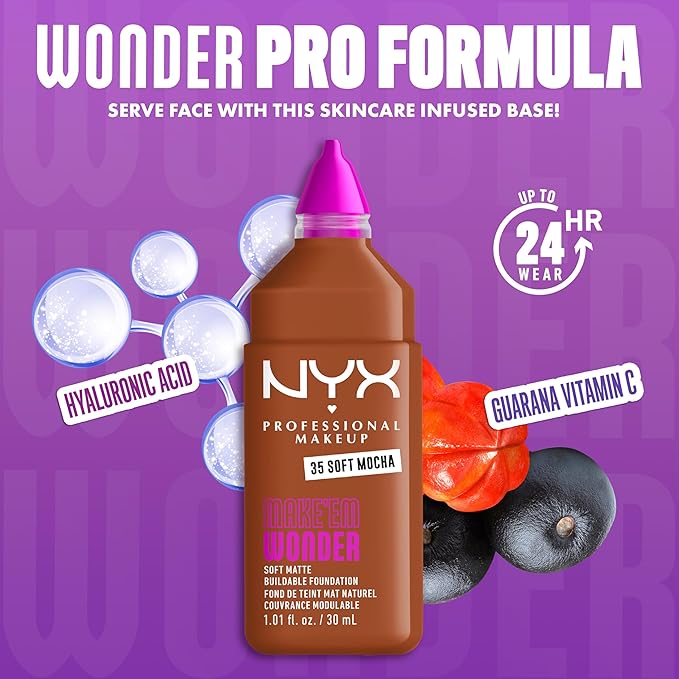 NYX PROFESSIONAL MAKEUP Make 'Em Wonder Liquid Foundation, 24HR Foundation Makeup With A Soft Matte Finish, Buildable Full Coverage - 35 Soft Mocha