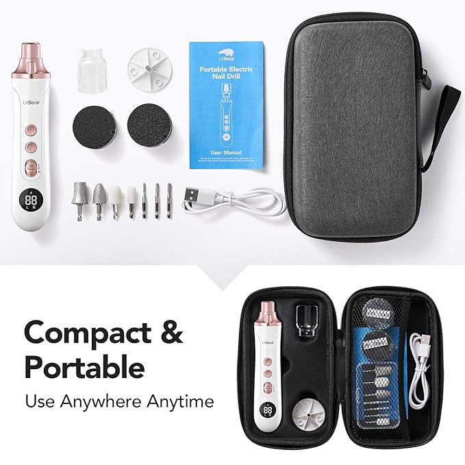 Litbear Electric Nail Drill File Set, 15 Speed Professional Nail Grinder for Thick Toenails, Cordless Pedicure Manicure Tool Callus Remover for Women Men Senior Hand Feet Care, Home Salon Use (White)