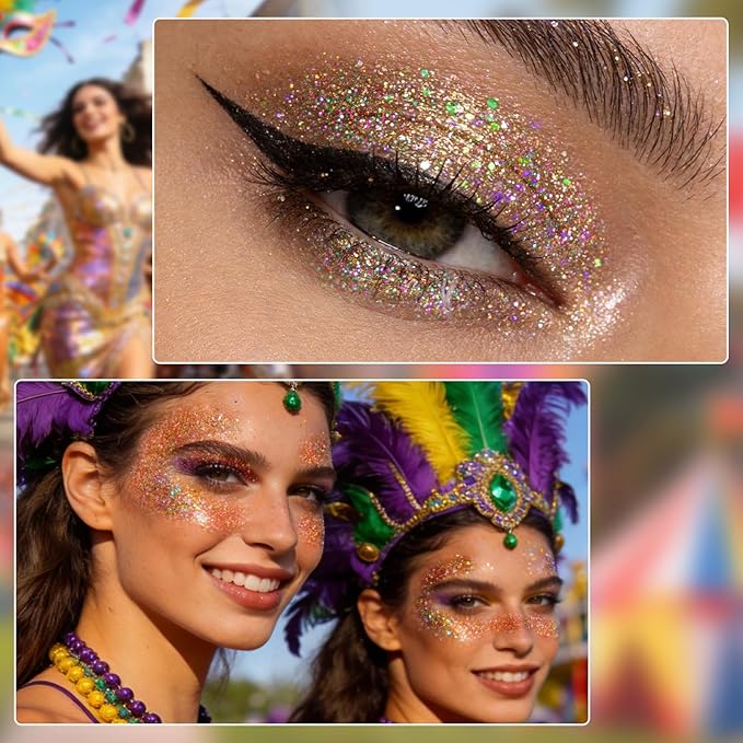 DAGEDA Mardi Gras Body Glitter Gel, Roll-on Face Glitter for Mardi Gras Oufits Accessories for Women, Carnival Accessories Green Purple Gold Hair Glitters,Body Shimmer Makeup for Rave Party