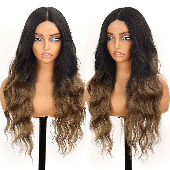 AISI HAIR Brown Wig for Women, Long Wavy Black To Brown Lace Hairline Middle Part Synthetic Heat Resistant Wig for Daily Party-26 Inch