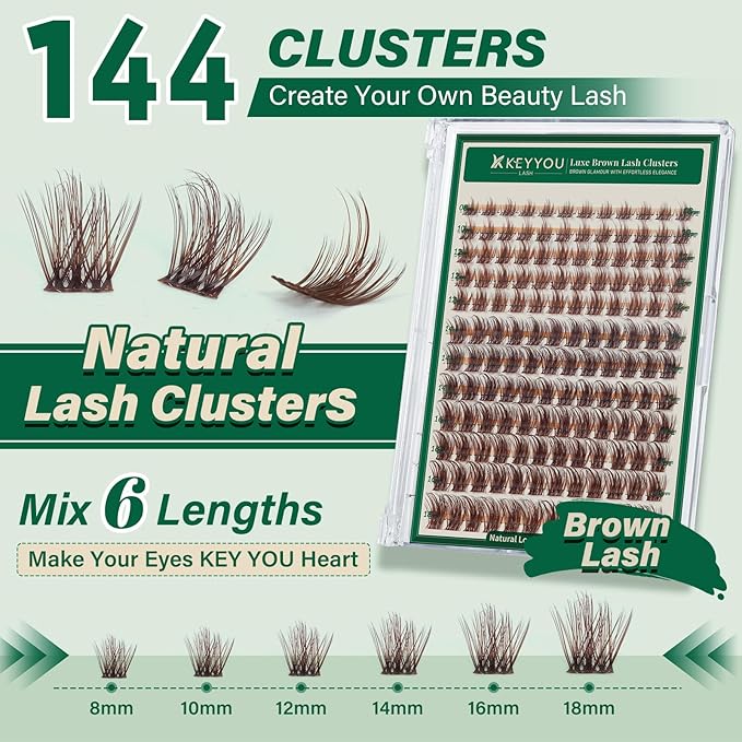 KEYYOU Brown Lash Clusters 144pcs Eyelash Clusters 8-18MIX D Curl Cluster Lashes Soft Wispy Lash Clusters Natural Look Brown DIY Lash Extension At Home(Brown05-D-8-18MIX)