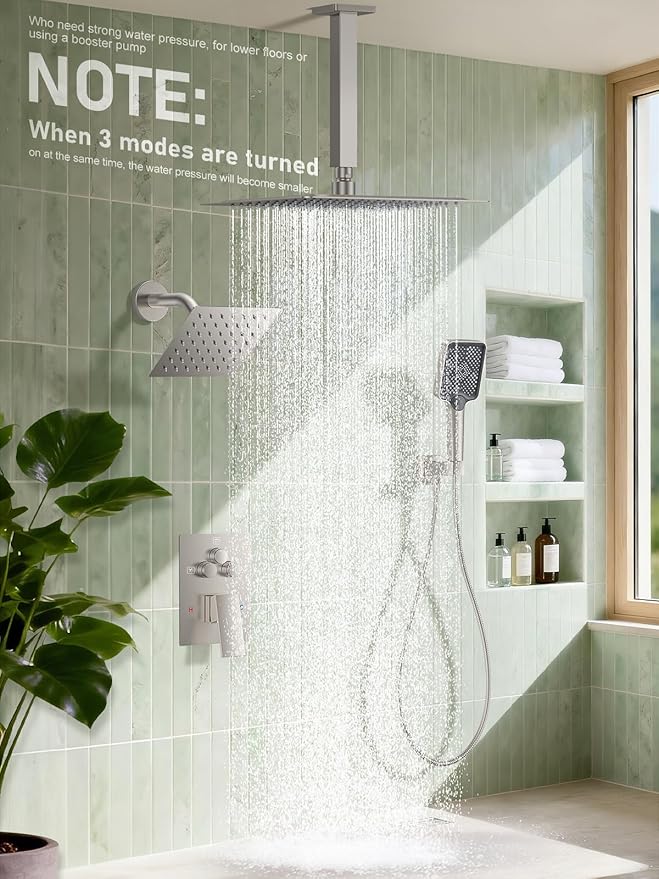 Shower Faucet Set, 10" Ceiling Mount Rainfall Shower System with 10'' Top Head+6'' Side Head and Multi-function Handheld Head Push Button Diverter Shower Faucet Trim Kit