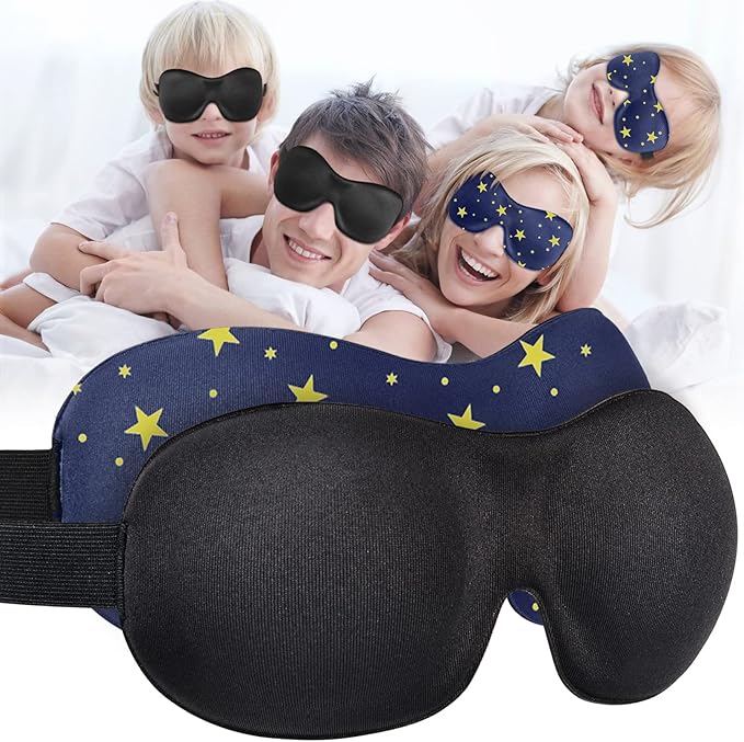 AMAZKER Cute Eye Mask Sleep Mask for Men Women Kids,2 Pack 3D Contoured Cup Sleeping Mask & Blindfold, Concave Molded Night Sleep Mask, Block Out Light (Stars &Black, 2 Count (Pack of 1))