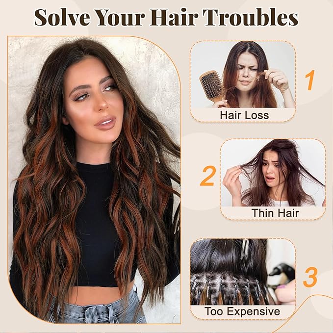 ALXNAN Clip in Long Wavy Synthetic Hair Extension 24 Inch Dark Brown with Reddish Brown Highlights 4PCS Thick Hairpieces Fiber Double Weft Hair for Women