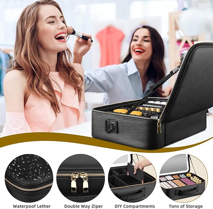 Suupvaor 15''X11'' Large Makeup Bag with Removable Lighted Mirror, Professional Travel Makeup Train Case PU Leather Cosmetic Make up Organizer with Adjustable Dividers & Brush Storage Board