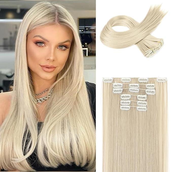 FLUFYMOOZ 6PC Clip in Hair Extensions 24" Straight Long Extensions for Women Synthetic Hairpiece (Platinum Blonde)
