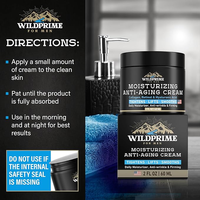 Men's Face Moisturizer Cream - Anti Aging & Wrinkle - Made in USA - Collagen, Hyaluronic Acid, Retinol, Vitamins E & A, Avocado Oil - After Shave - Age Facial Skin Care, Day & Night Moisturizing, 2 oz