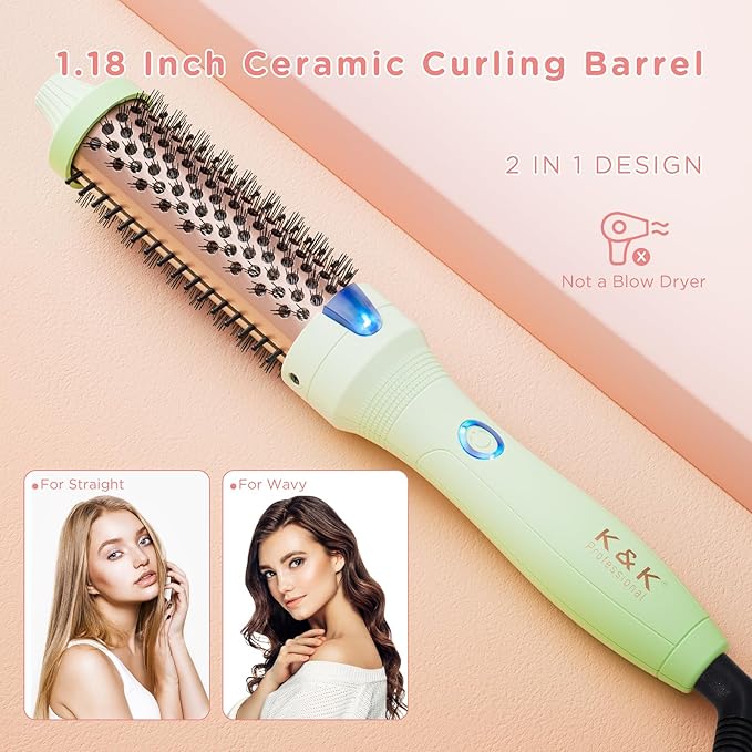 K&K Brush 30, 1.18 Inch Hot Styling Brush, Ionic Curling Iron with Tourmaline Ceramic Barrel, Professional Hair Curler up to 356°F, Dual Voltage Hair Waving Style Tool for Traveling